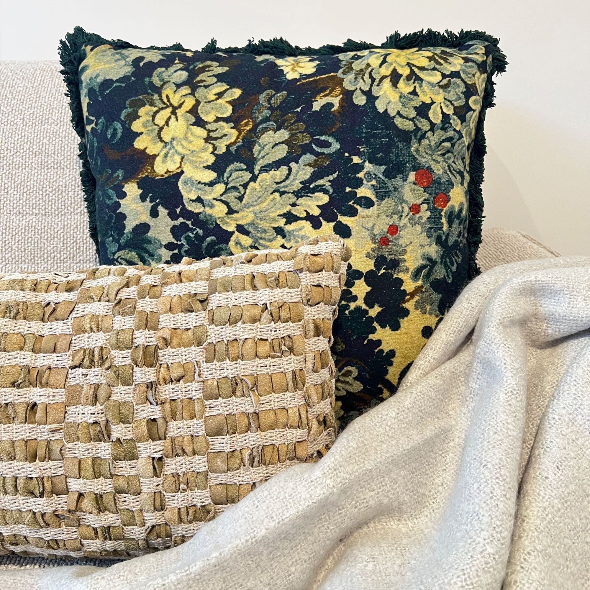 2 cushions and a bone throw on a couch