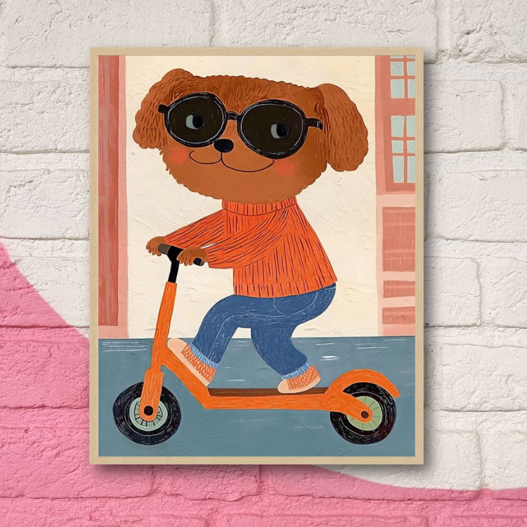 canvas art with a dog riding a scooter on a pink and white brick background wall