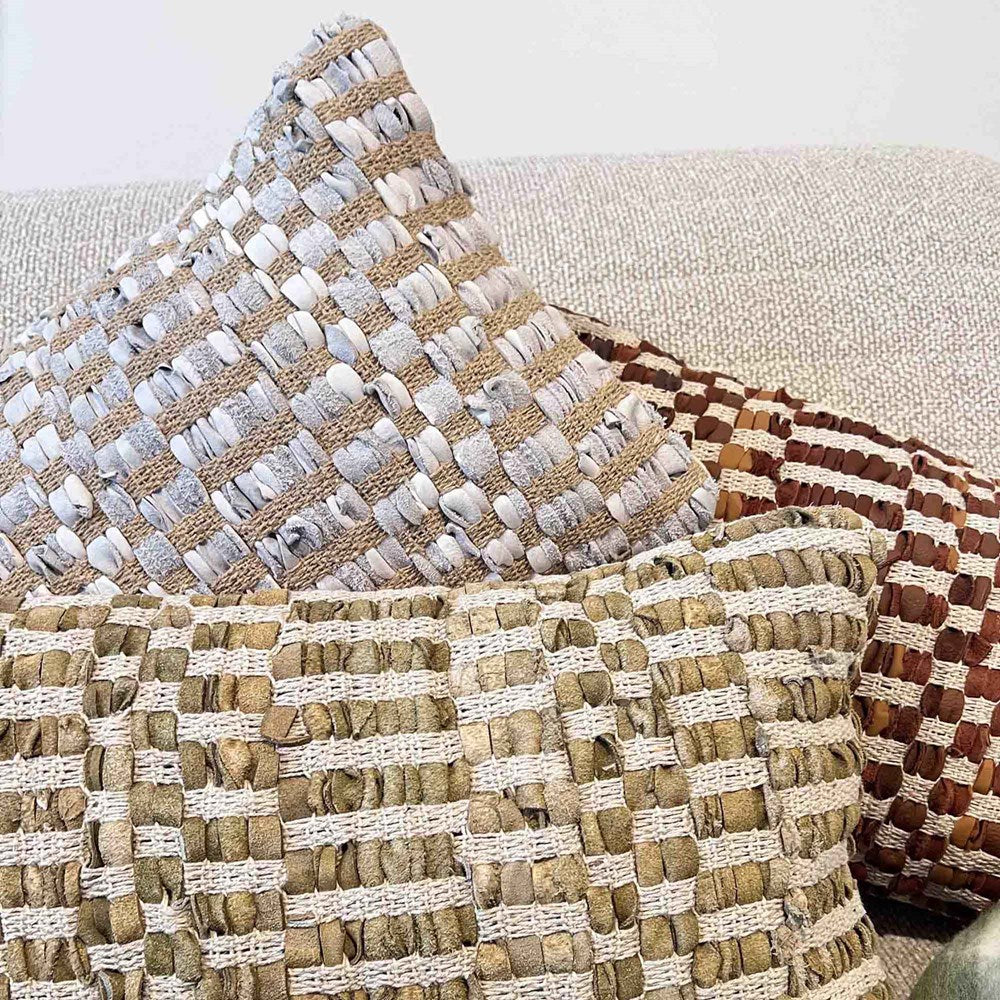 LISMORE COGNAC LEATHER AND JUTE CUSHION  30X50CM
