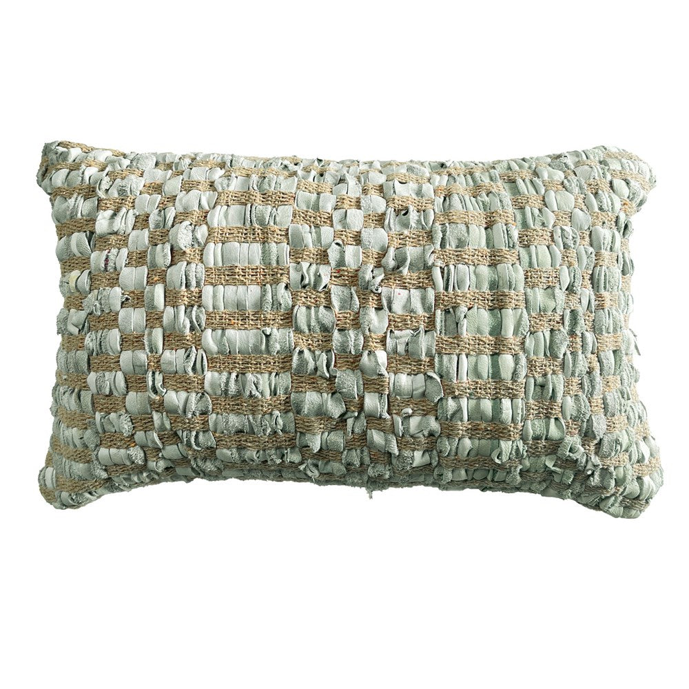 LISMORE LIMESTONE BLUE LEATHER AND JUTE CUSHION 30X50CM