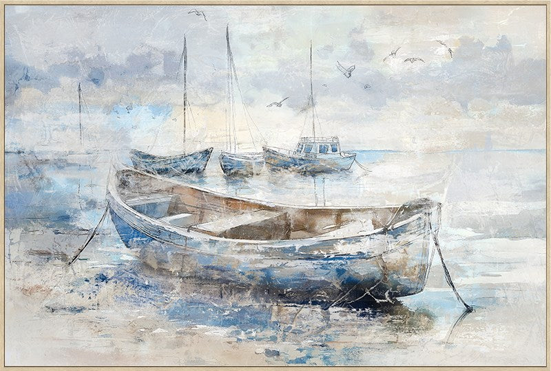 Painting of boats on a water surface with a cloudy sky.