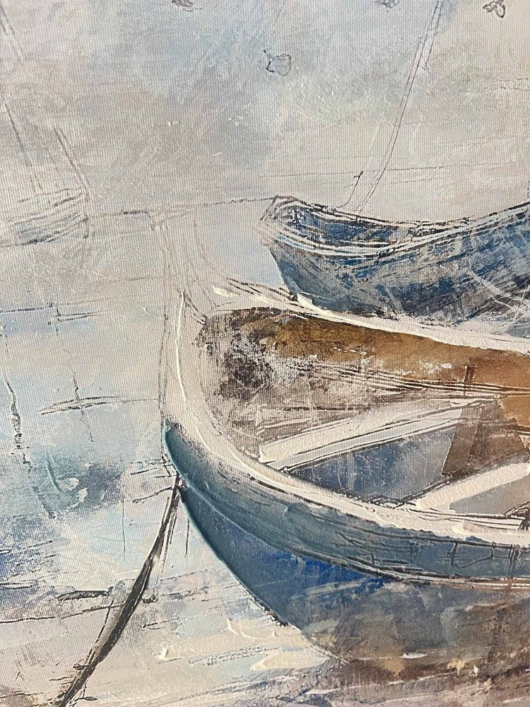Two boats on a beach with a textured, abstract background