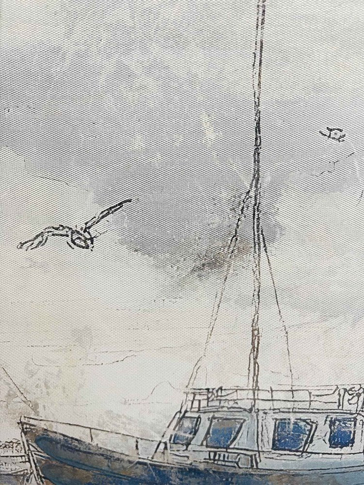 Simplified line drawing of a boat and a bird on a textured gray background