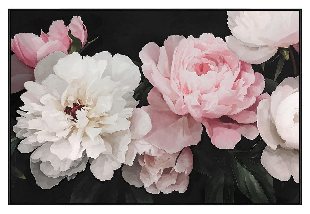 Floral arrangement with pink and white flowers on a black background