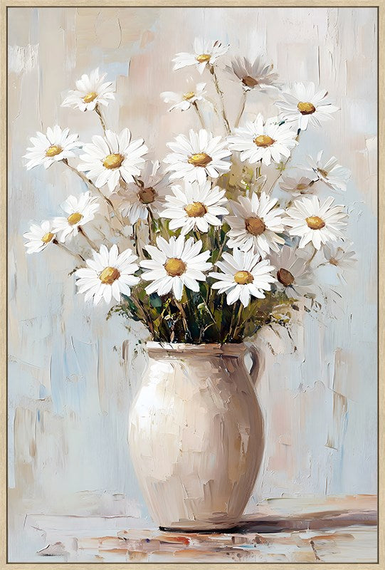 Vase of white flowers with a textured beige background