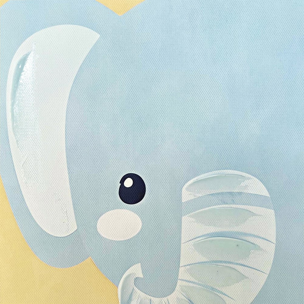 Close-up of a cartoon elephant face with a blue background