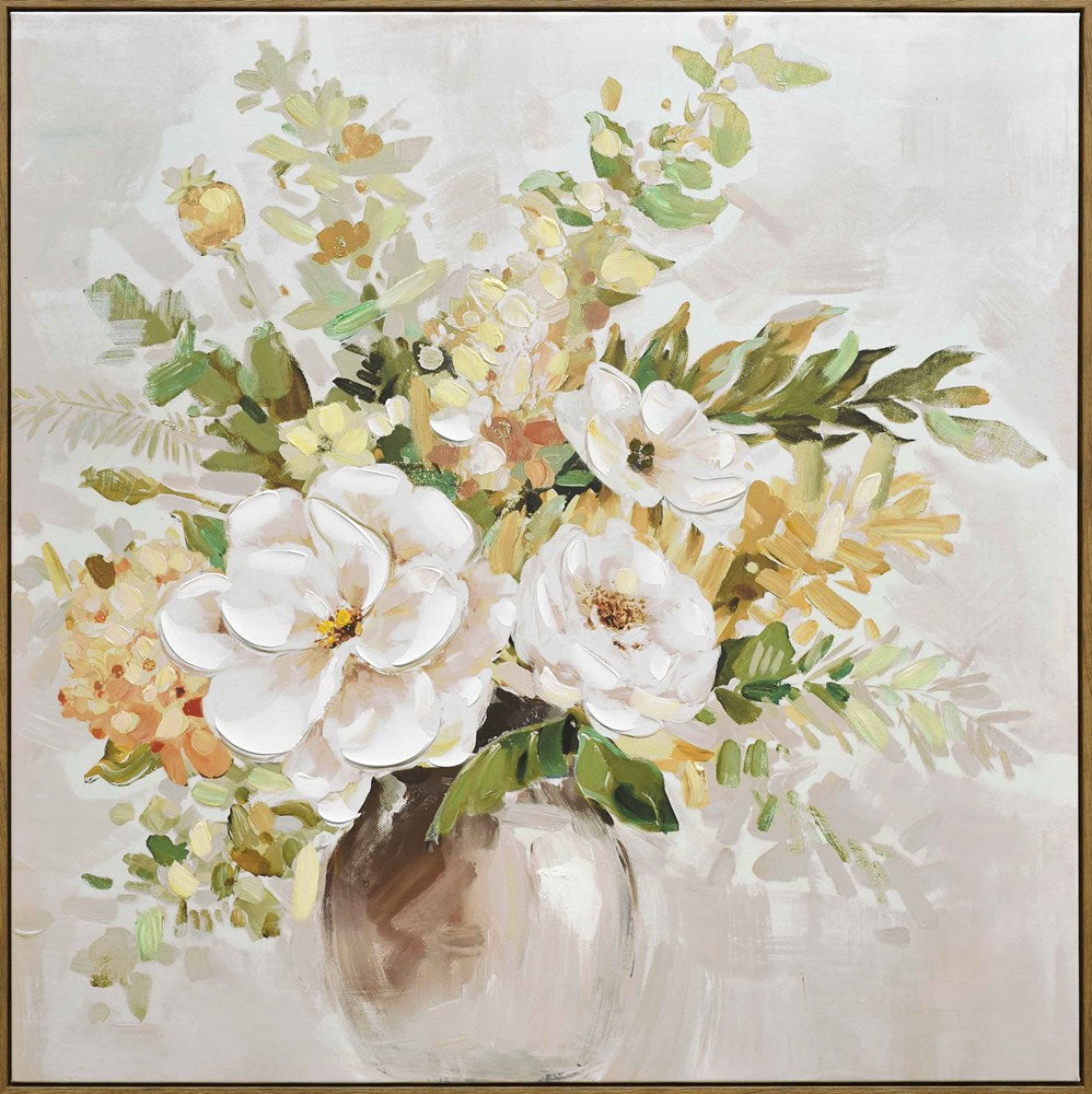 Floral painting with white and yellow flowers in a vase on a light background
