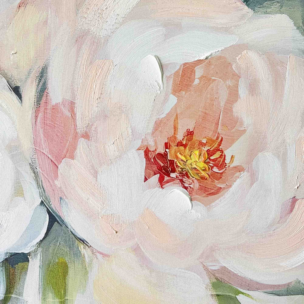 Close-up of a painting of pink flowers with a red center.