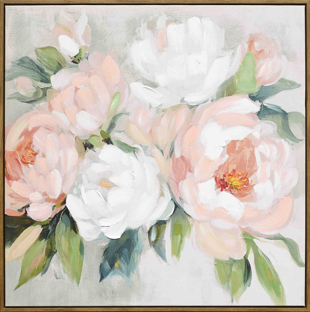 Framed artwork of pink and white flowers with green leaves on a light background