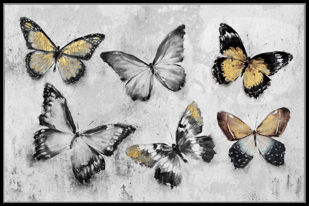 Six butterflies with yellow and black patterns on a textured gray background