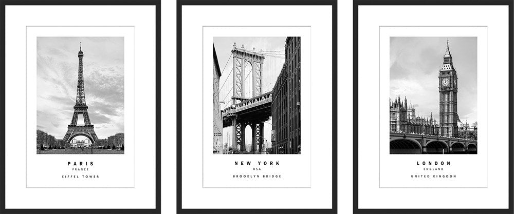 PARIS NEW YORK LONDON FRAMED PRINT WALL ART 30X40CM SET OF 3