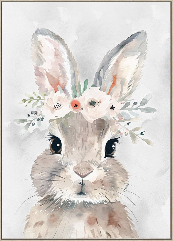 FLOWER BUNNY WHITE WASHED FRAMED KIDS WALL ART 50X70CM