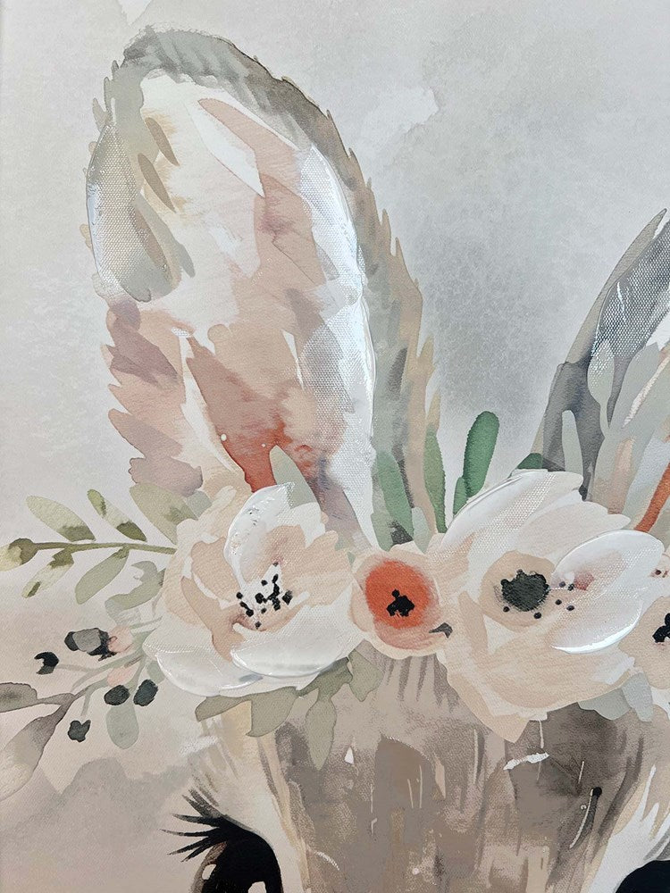 FLOWER BUNNY WHITE WASHED FRAMED KIDS WALL ART 50X70CM