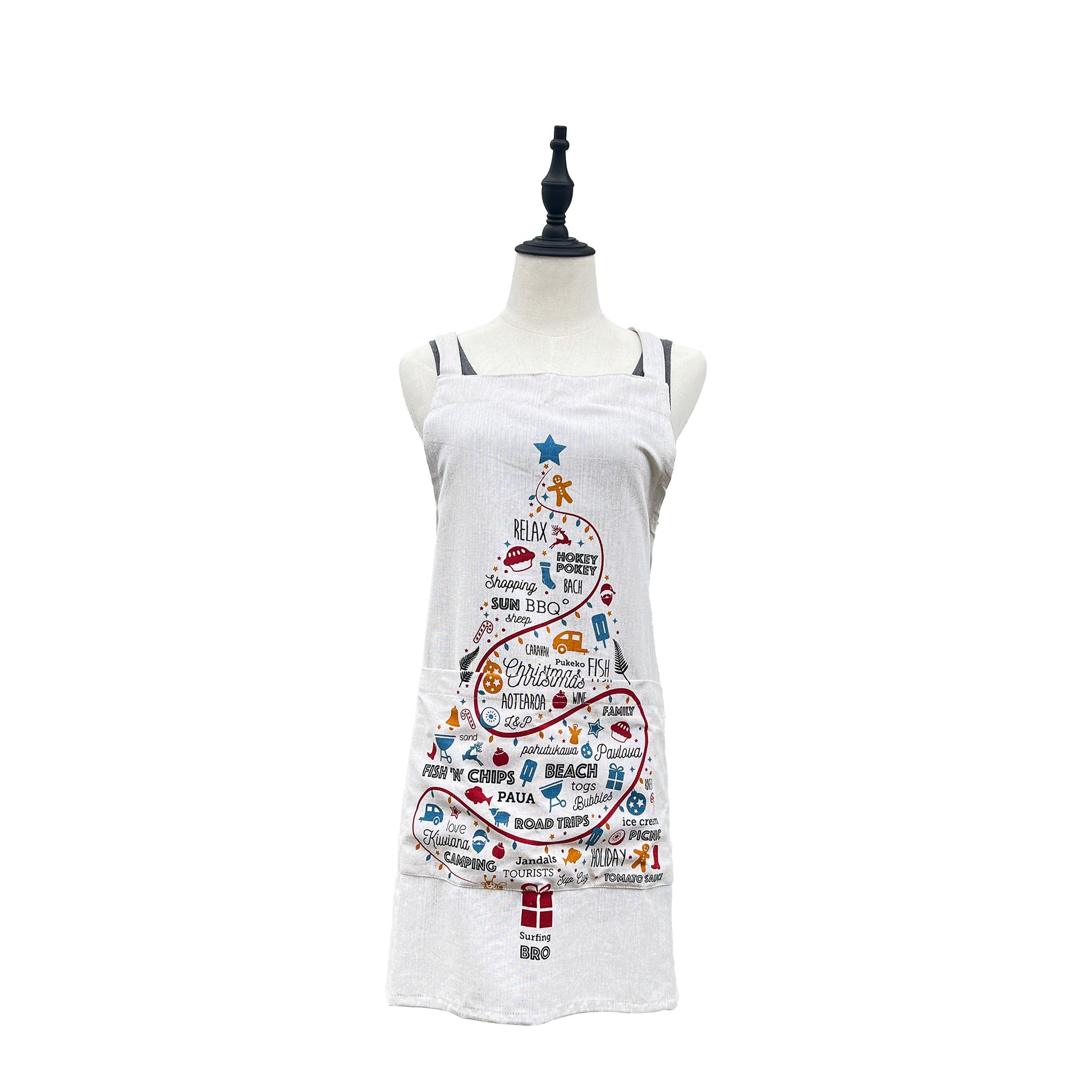 Apron with Christmas icons on it in the shape of a Christmas tree