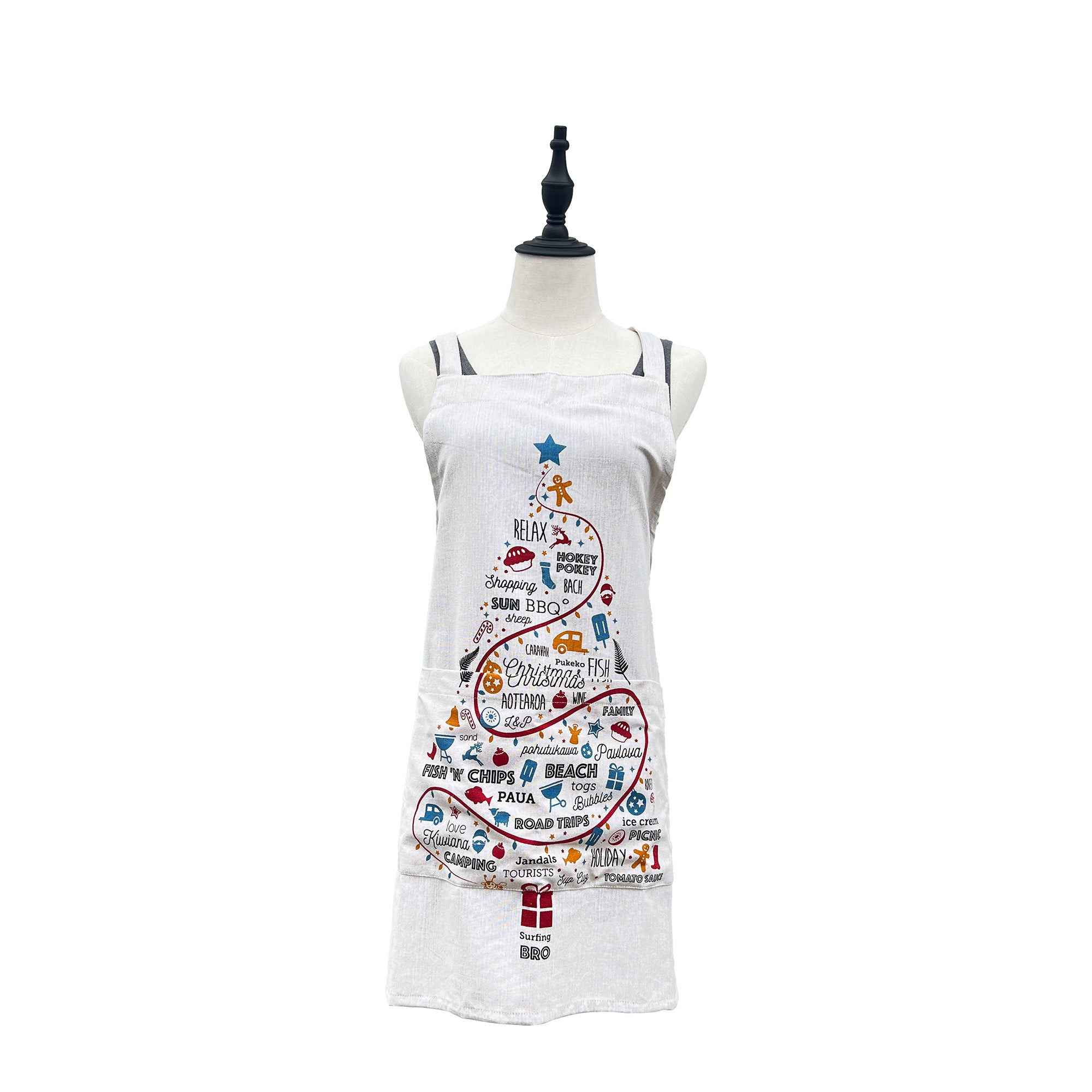 Apron with Christmas icons on it in the shape of a Christmas tree