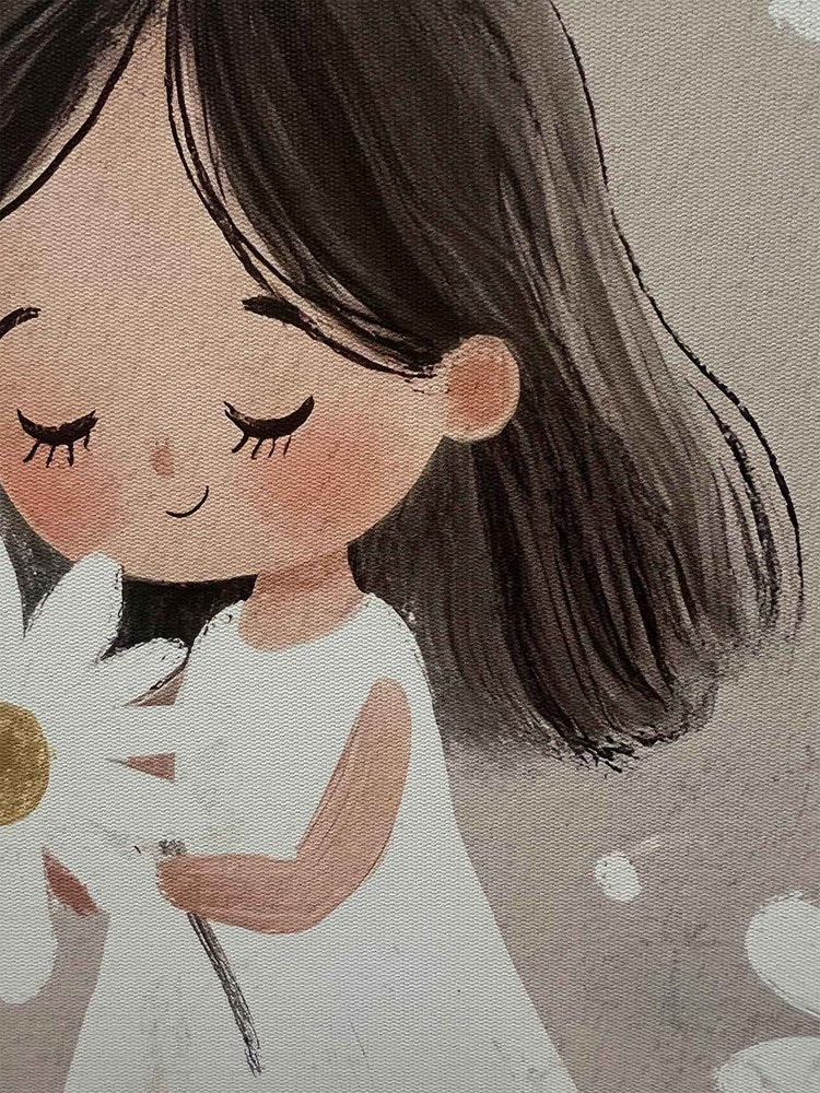 Illustration of a girl holding a flower with a soft, warm color palette.