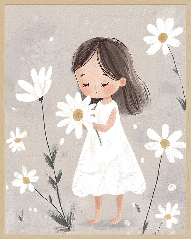 Illustration of a girl holding a daisy flower with white daisies around her on a beige background.
