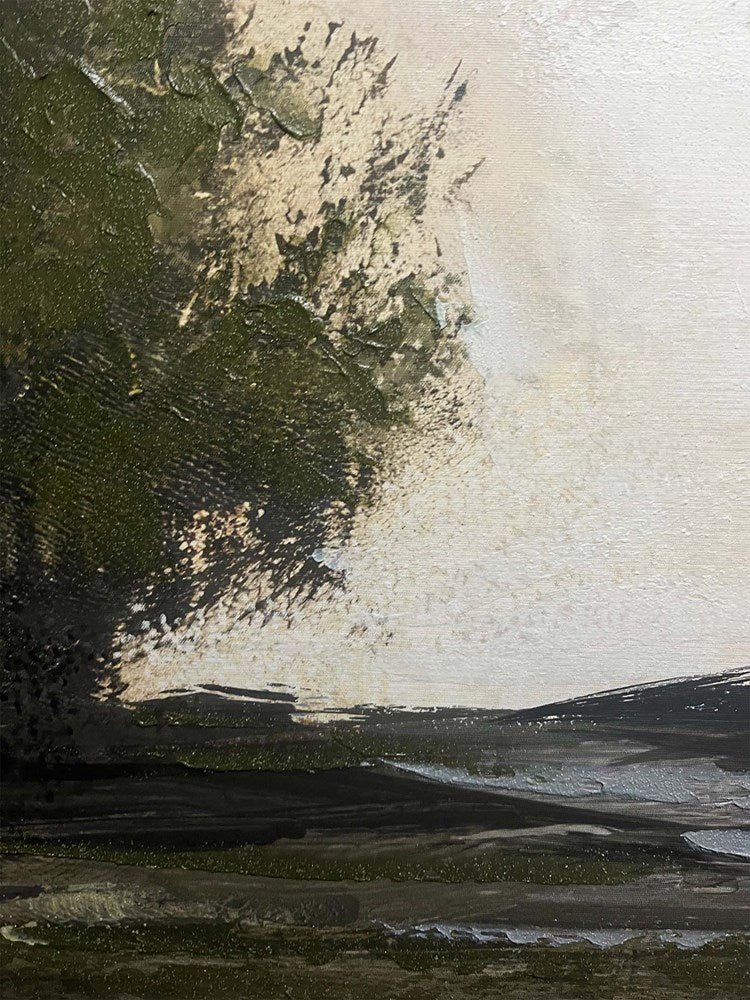 Textured brushstrokes in green, brown, and beige tones of a tree and landscape