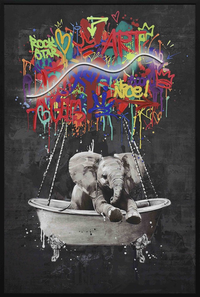 Elephant in a bathtub with colourful graffiti text above on a dark background