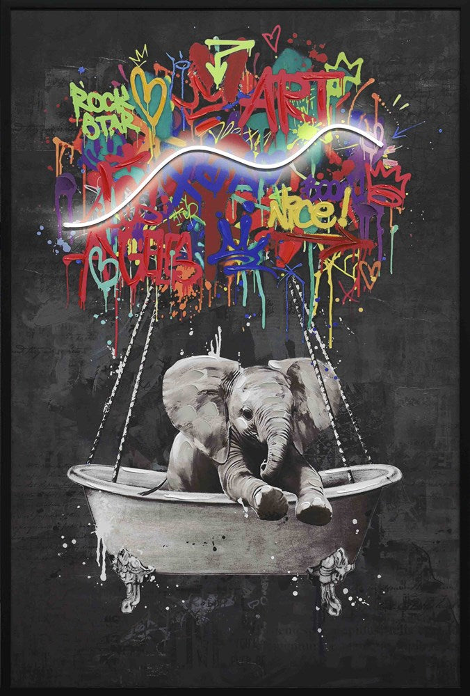 Elephant in a bathtub with colourful graffiti text above on a dark background