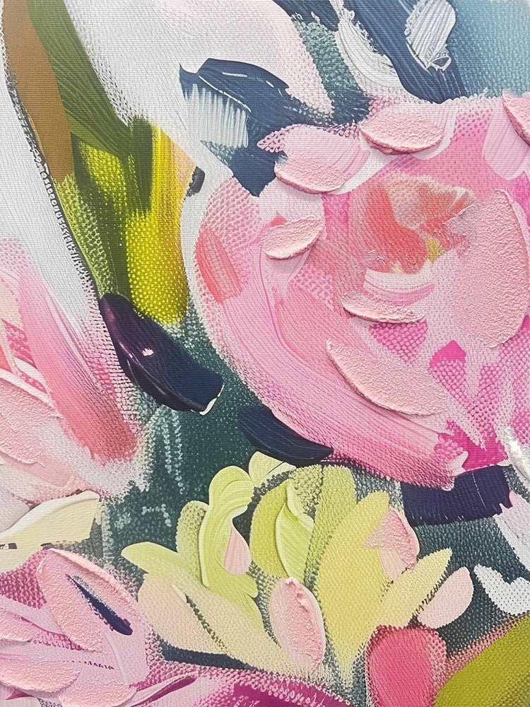 Close-up of a colourful floral painting with pink, green and blue hues.