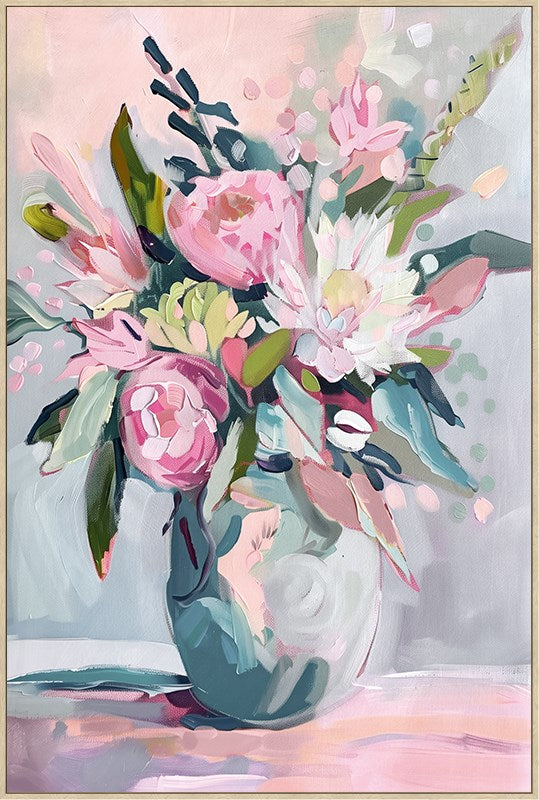 Colourful floral painting with a vase on a pink, mauve and blue background