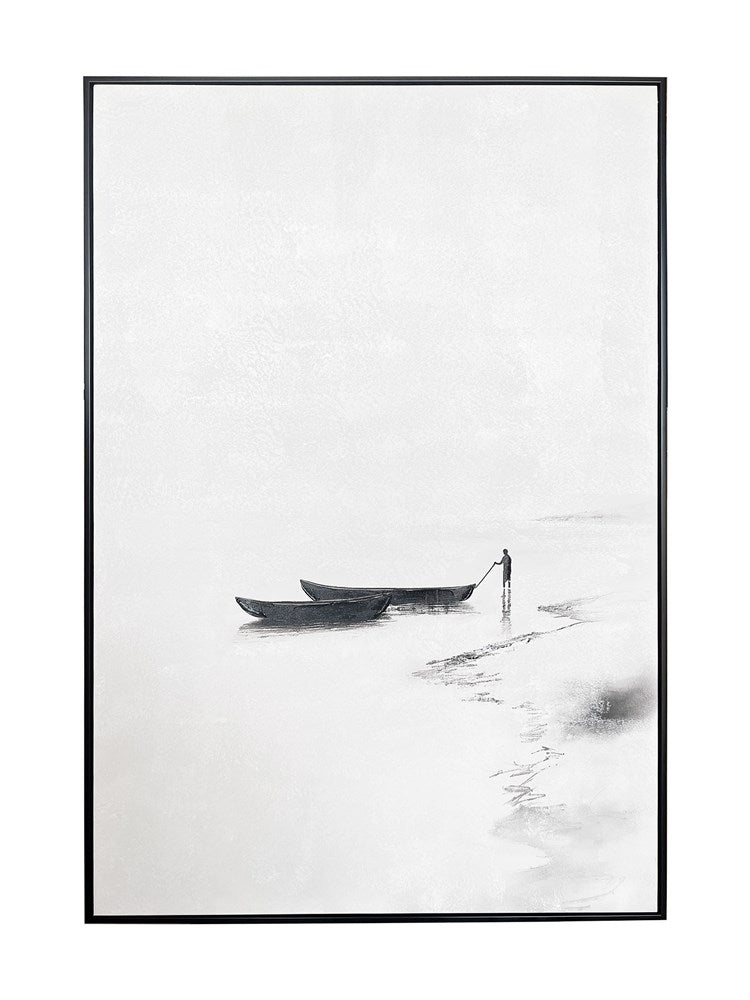 Two boats on a lake with a person standing nearby, framed in black.