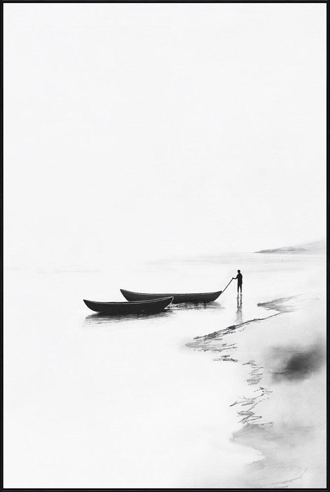 Two boats on a calm body of water with a person standing in the foreground.