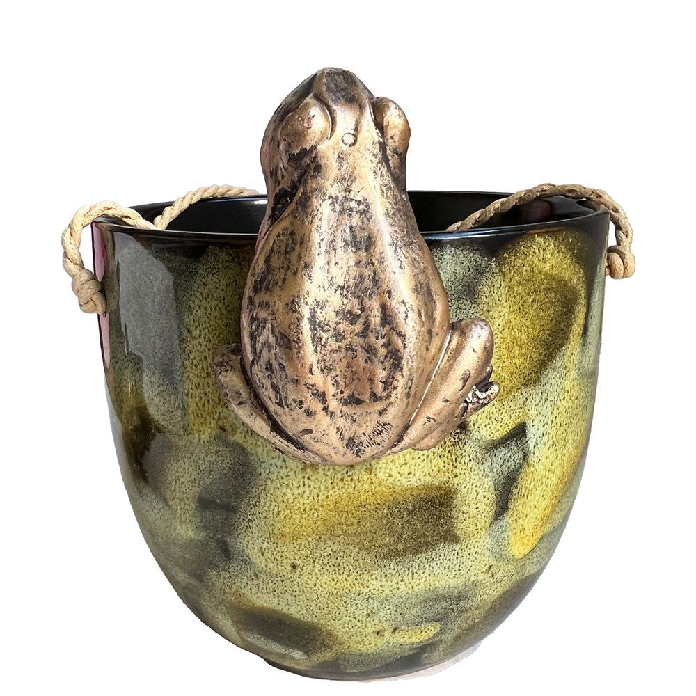 Frog hanging on a green pot with a white background