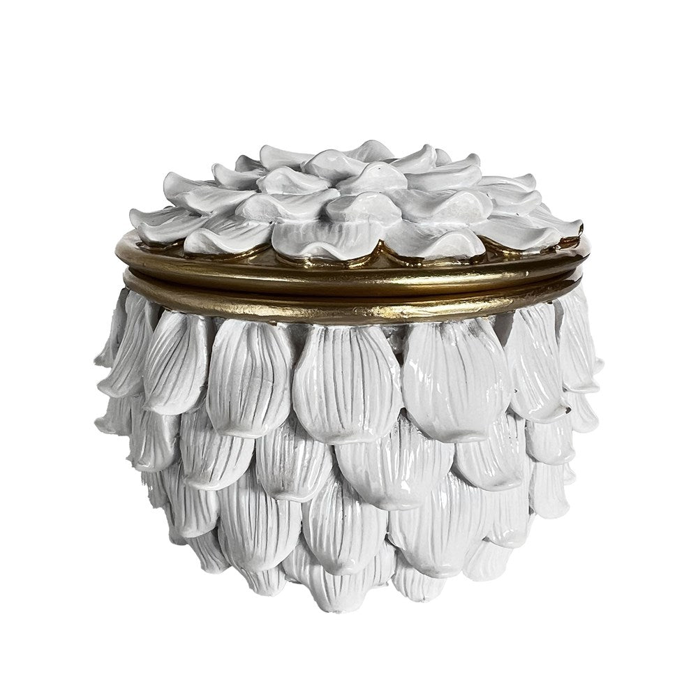 Decorative white trinket box with gold accents on a white background