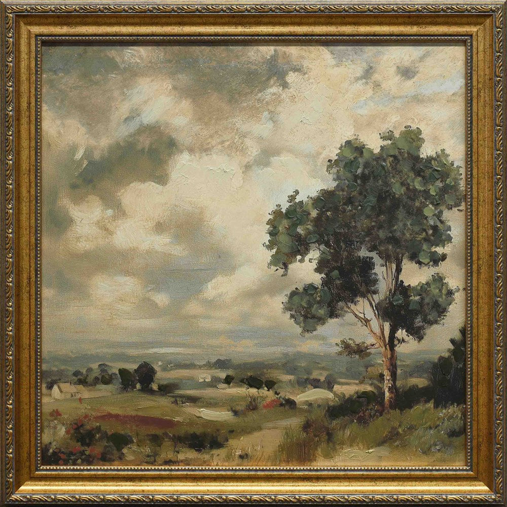 Painting of a landscape with a tree and cloudy sky, framed in gold.