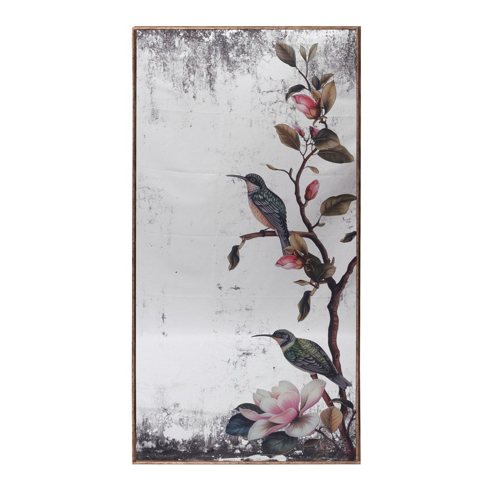 Decorative wall art with birds and flowers on a distressed mirrored background