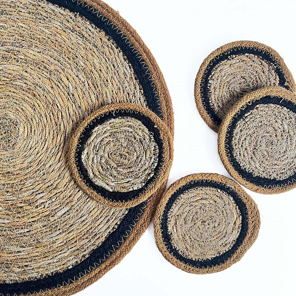 SEAGRASS / JUTE ROUND COASTER SET 4 CUMIN-BLACK BORDER/NATURAL