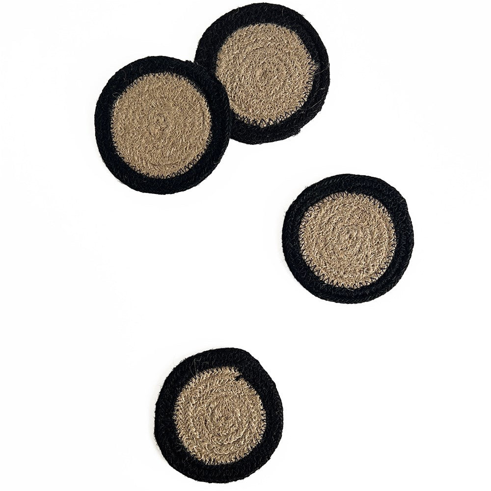 SEAGRASS / JUTE ROUND COASTER SET 4 BLACK BORDER/NATURAL