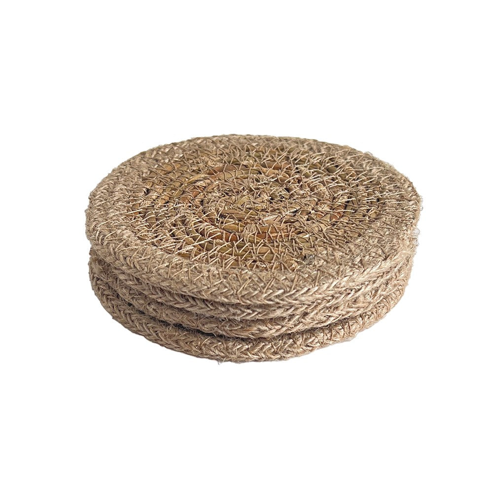 SEAGRASS / JUTE ROUND COASTER SET 4 NATURAL BORDER/NATURAL