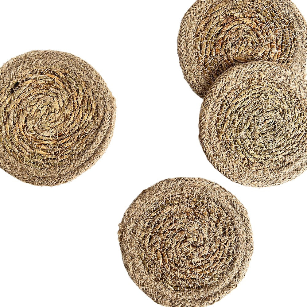 SEAGRASS / JUTE ROUND COASTER SET 4 NATURAL BORDER/NATURAL