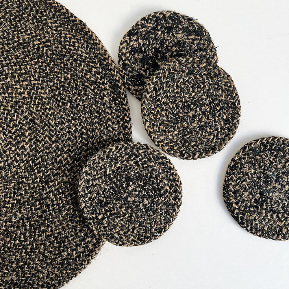 SEAGRASS / JUTE ROUND COASTER SET 4 BLACK /NATURAL