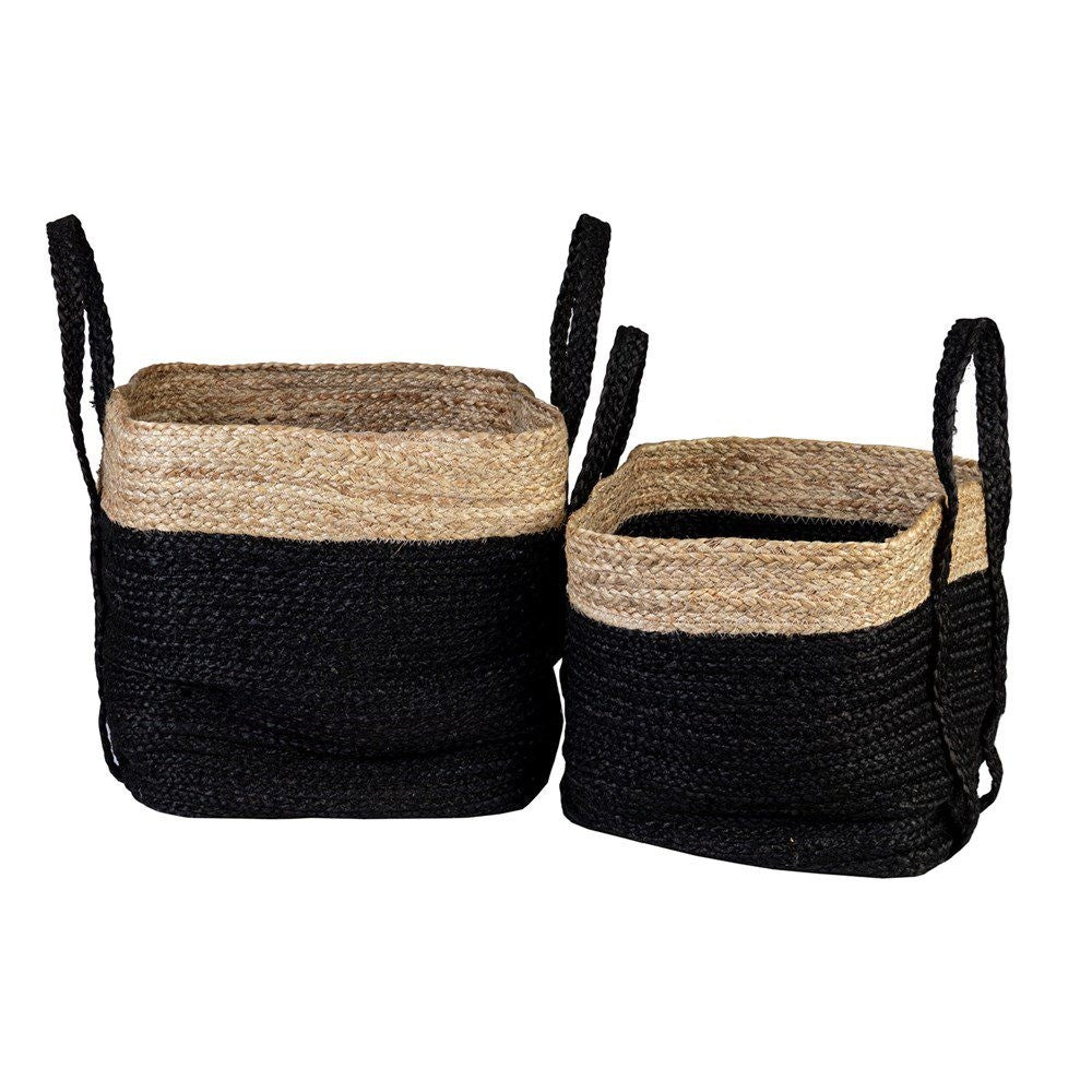 JUTE BASKETS W/LONG HANDLES SET OF 2 BLACK/NATURAL