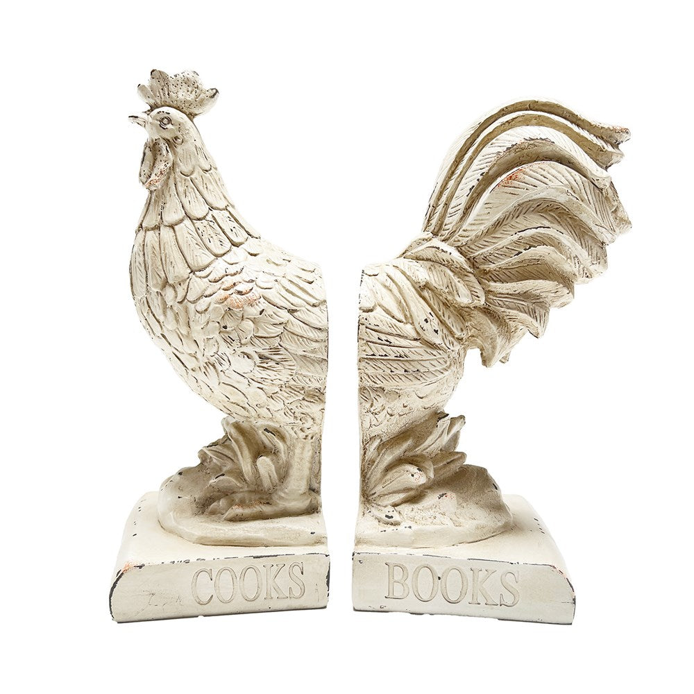 S/2 COUNTRY ROOSTER BOOKENDS FRENCH WHITE 22.2X11X24CM