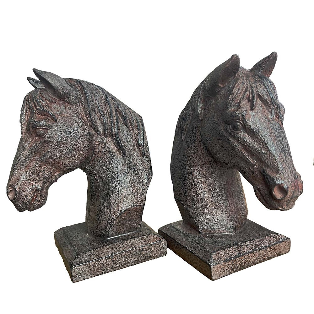S/2 HORSE HEAD BOOKENDS AGED RUST FINISH - 13.3X9.3X17.8CM