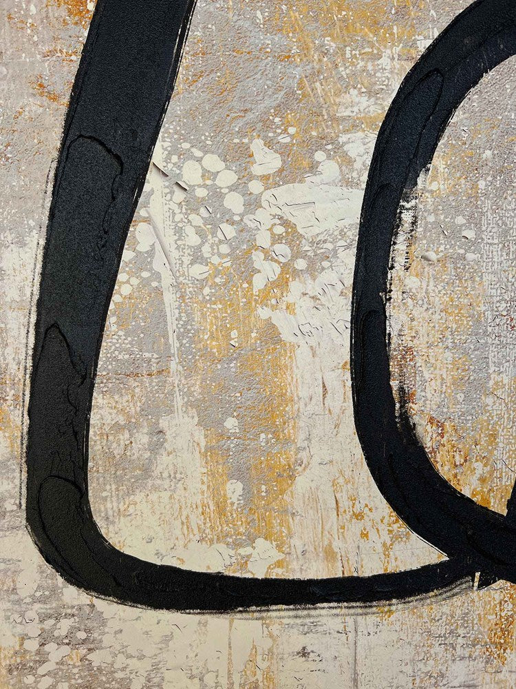 Abstract art with black curved lines on a textured beige and gray background