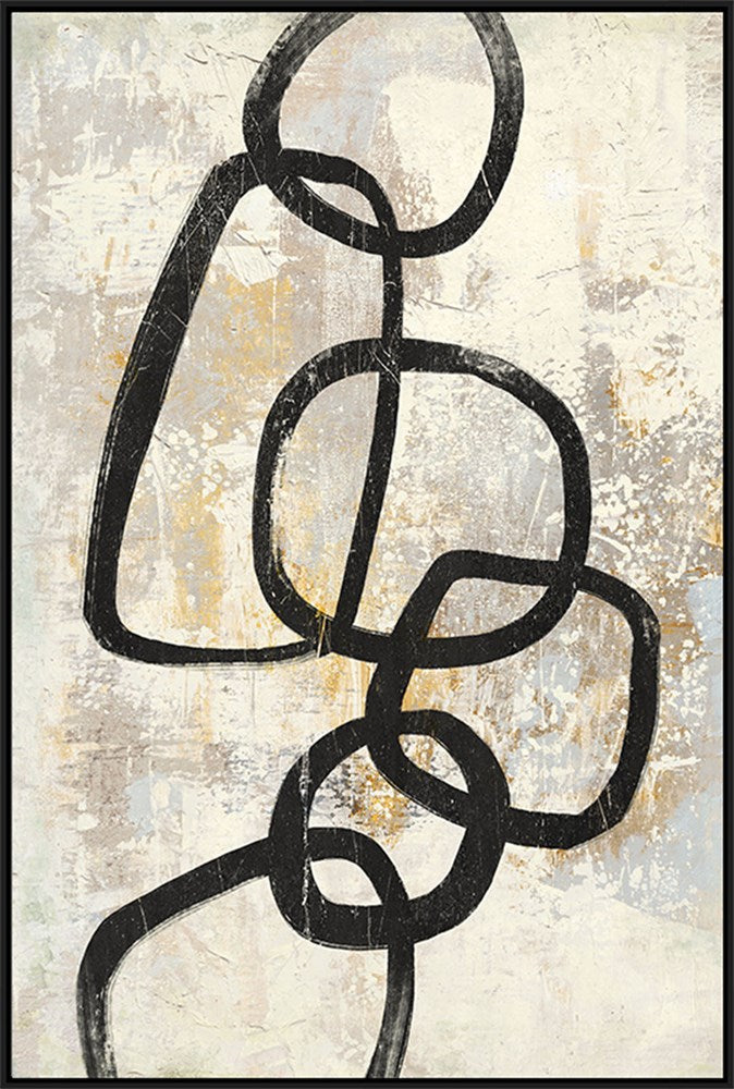 Abstract art with black interlocking shapes on a textured beige background