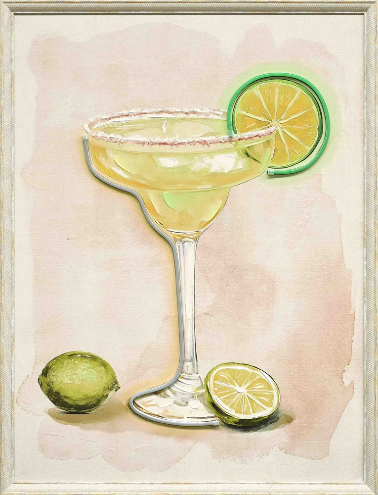 Illustration of a cocktail with a salt-rimmed glass and lime wedges on a watercolor background