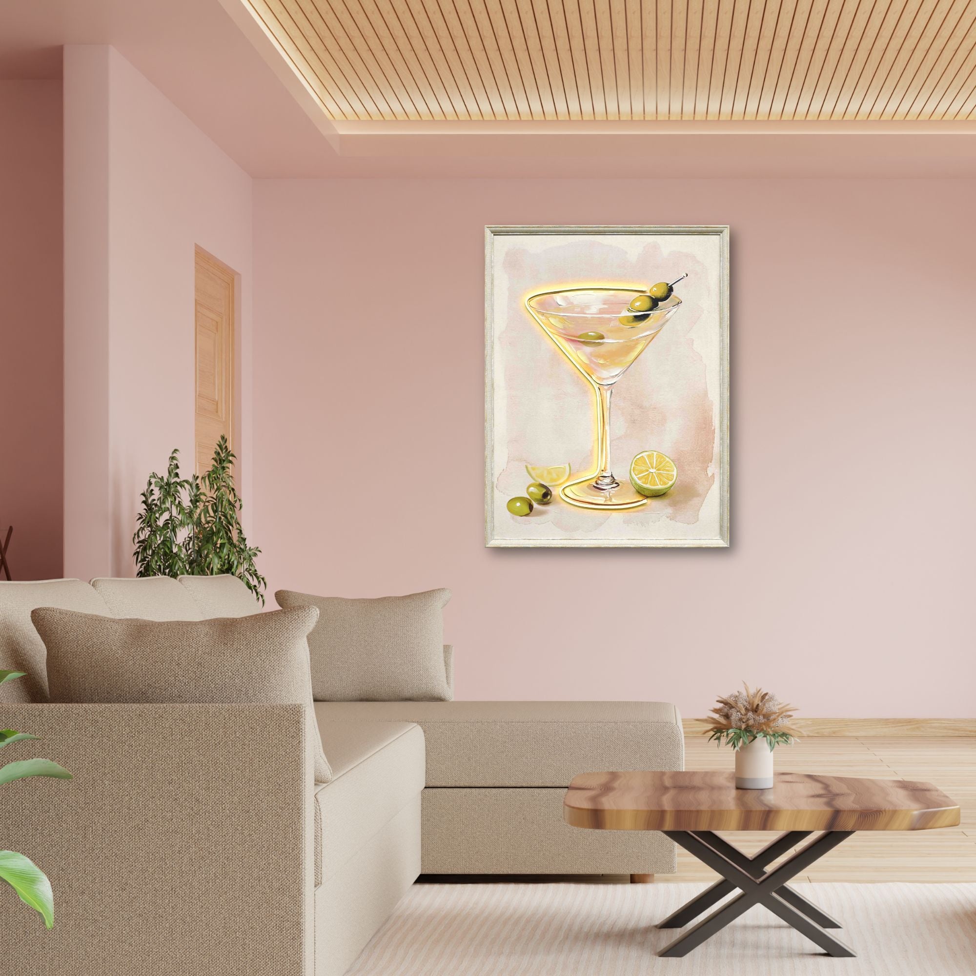 Living room with a framed artwork of a cocktail on the wall, a sofa, and a coffee table.