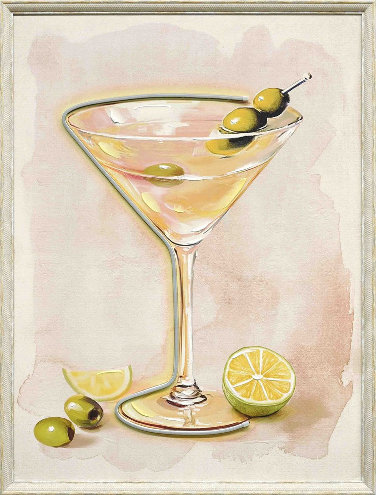 Illustration of a martini glass with olives and a lime on a watercolor background