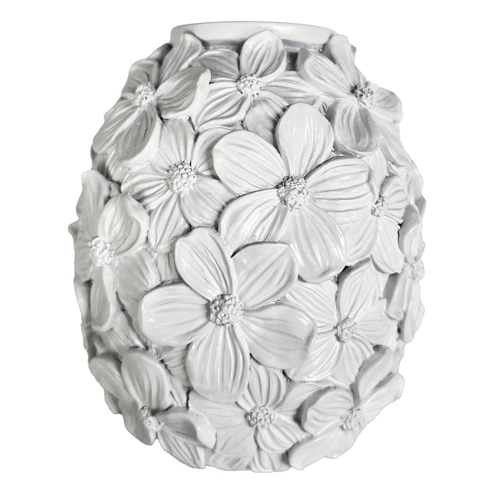 Decorative white vase with floral textured petals on a white background