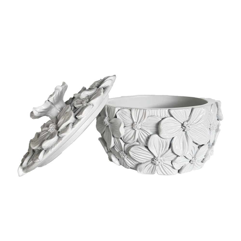 Decorative trinket box with lid ajar floral design on a white background