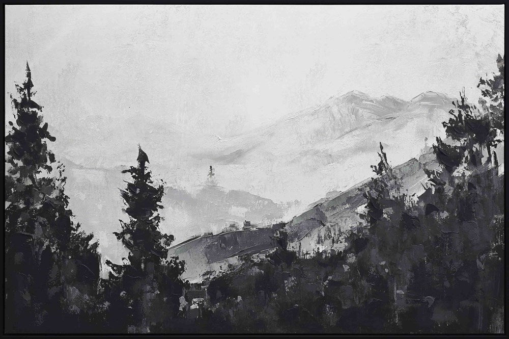 Black and white landscape with trees and mountains