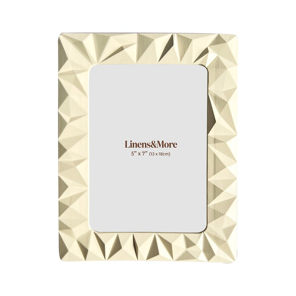 Geometric photo frame with 'Linens&More' branding on a white background
