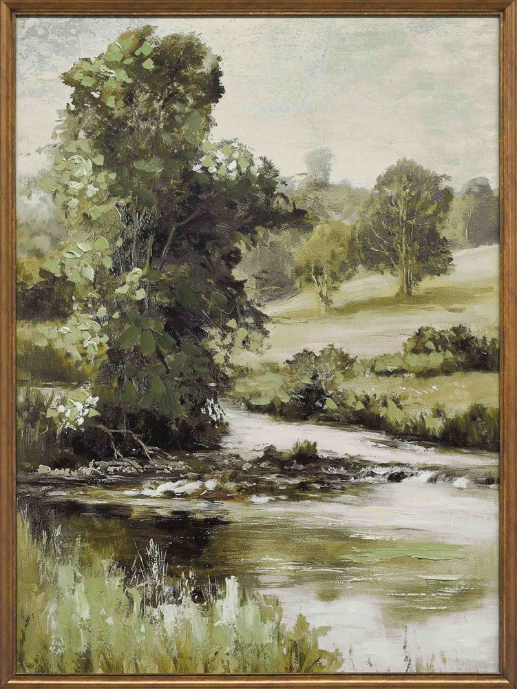 Painting of a landscape with a stream and trees